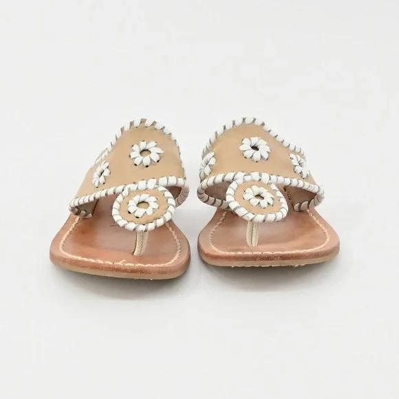 Jack Rogers Georgica Thong Sandals Womens Size 6 Tan White Leather Whipstitch - Picture 2 of 8